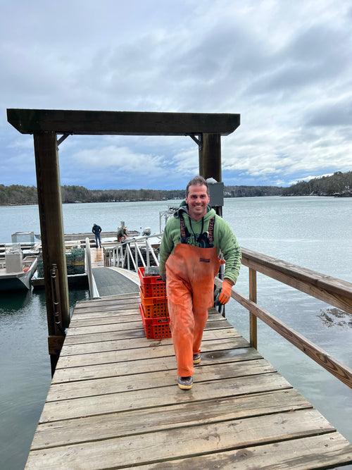 Person in orange overalls walking on a dock with a crate, against a cloudy sky.